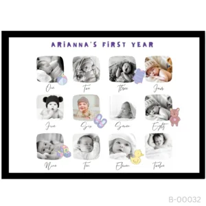 Baby Milestone Photo Frame – Colorful Toy Icons & Monthly Script – 1st Birthday Gift